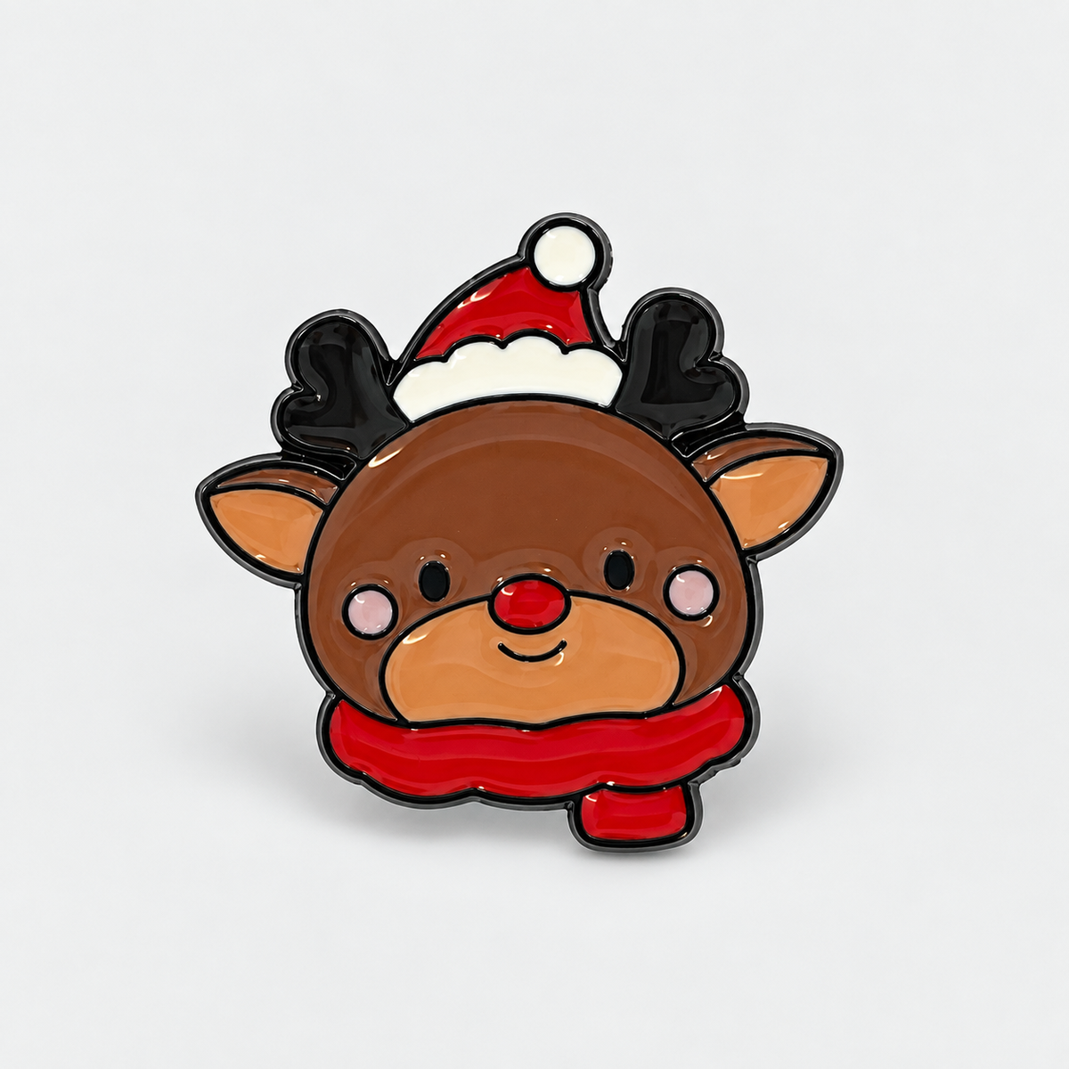Pin's renne de Noël kawaii émaillé marron avec bonnet rouge et écharpe, accessoire fantaisie fêtes femme