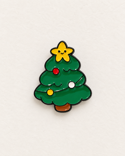 Pin's sapin de Noël vert émaillé avec étoile kawaii jaune et boules colorées, accessoire bijou fantaisie fêtes