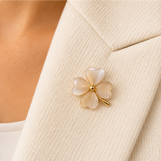 Pin's trèfle à quatre feuilles en pierre œil de chat blanche et métal doré porté sur blazer beige côtelé femme