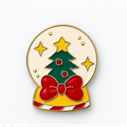Pin's boule à neige sapin de Noël rouge vert doré avec nœud et étoiles accessoire fantaisie fêtes femme