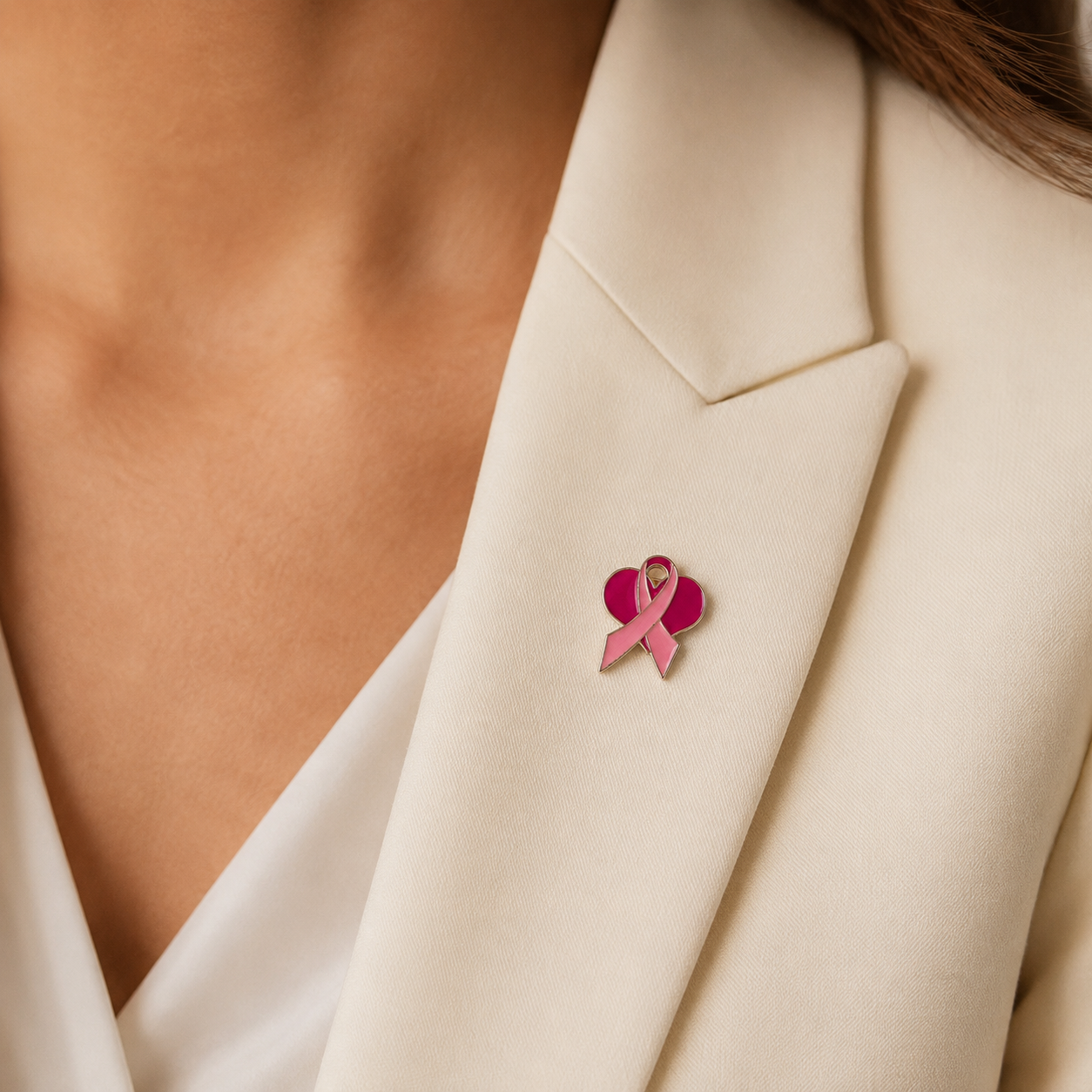 Pin's coeur et ruban rose Octobre rose épinglé sur blazer beige femme, accessoire solidaire cancer du sein