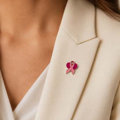 Pin's coeur et ruban rose Octobre rose épinglé sur blazer beige femme, accessoire solidaire cancer du sein