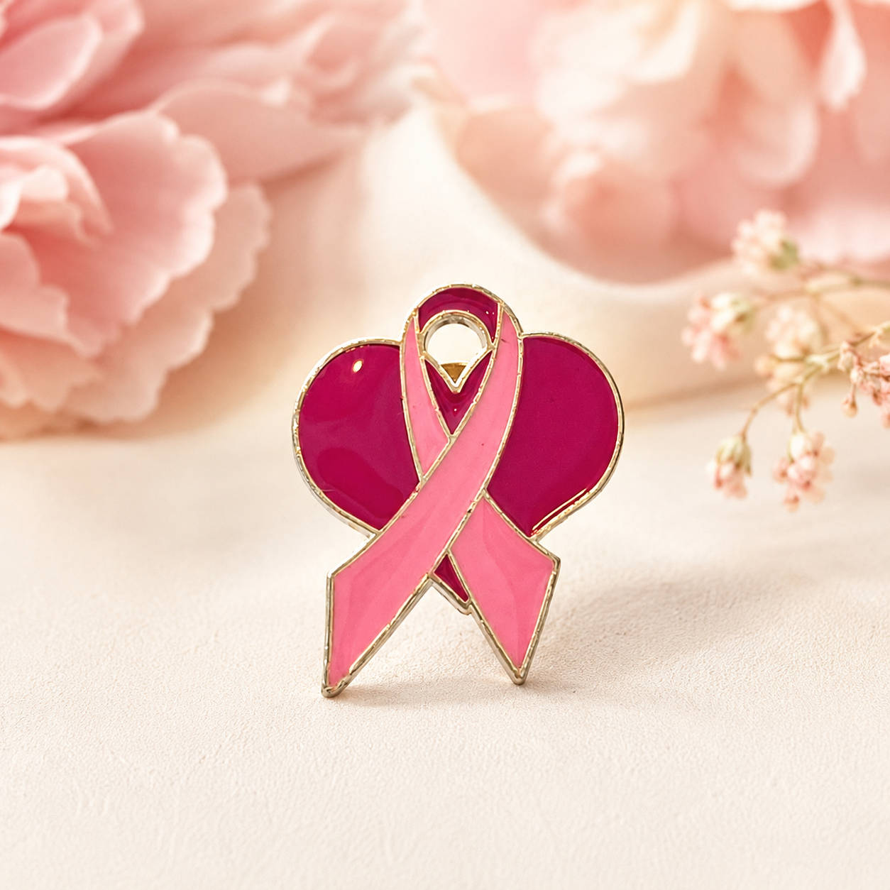 Pin's coeur rose fuchsia avec ruban rose solidaire Octobre rose, épinglette émaillée dorée sensibilisation cancer du sein