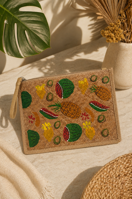 Pochette osier tressé caramel broderies fruits exotiques ananas pastèque 21x28cm