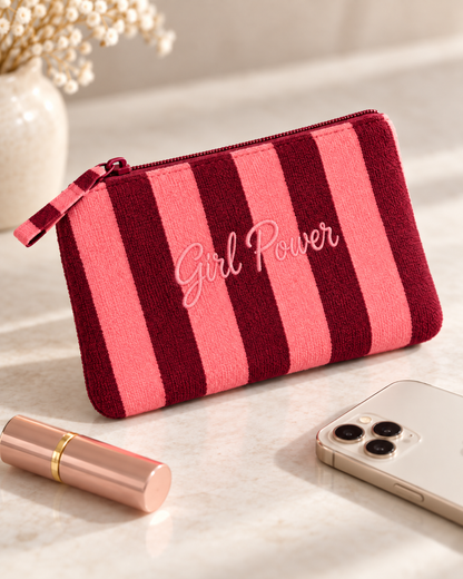 Pochette rayée rose et bordeaux effet éponge broderie Girl Power accessoire femme tendance