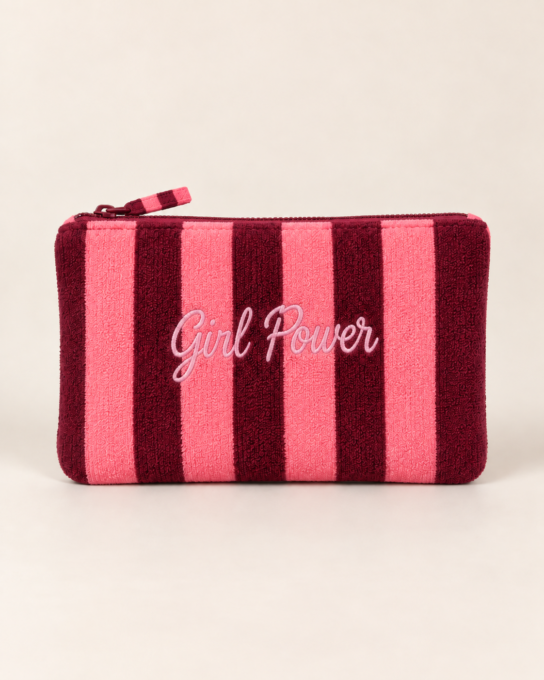 Pochette rayée rose et bordeaux effet éponge avec broderie Girl Power femme accessoire tendance