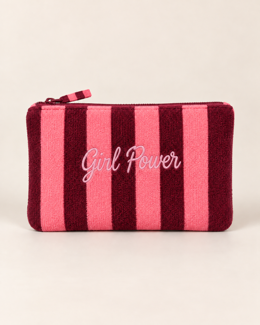 Pochette rayée rose et bordeaux effet éponge avec broderie Girl Power femme accessoire tendance