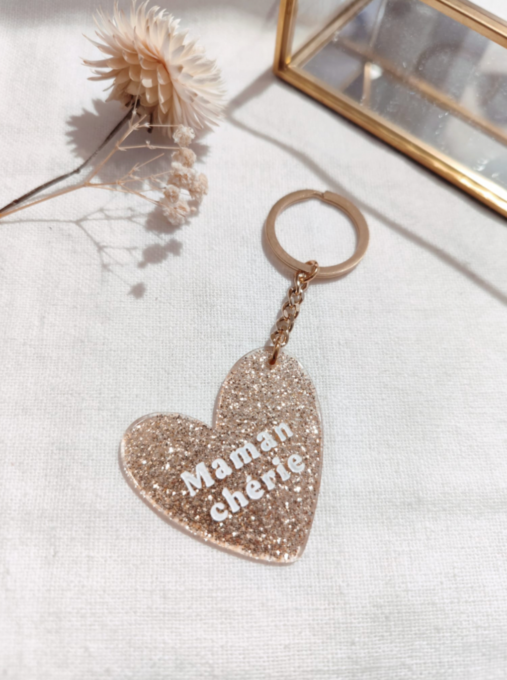 porte clé maman chérie cœur pailleté doré accessoire cadeau maman original