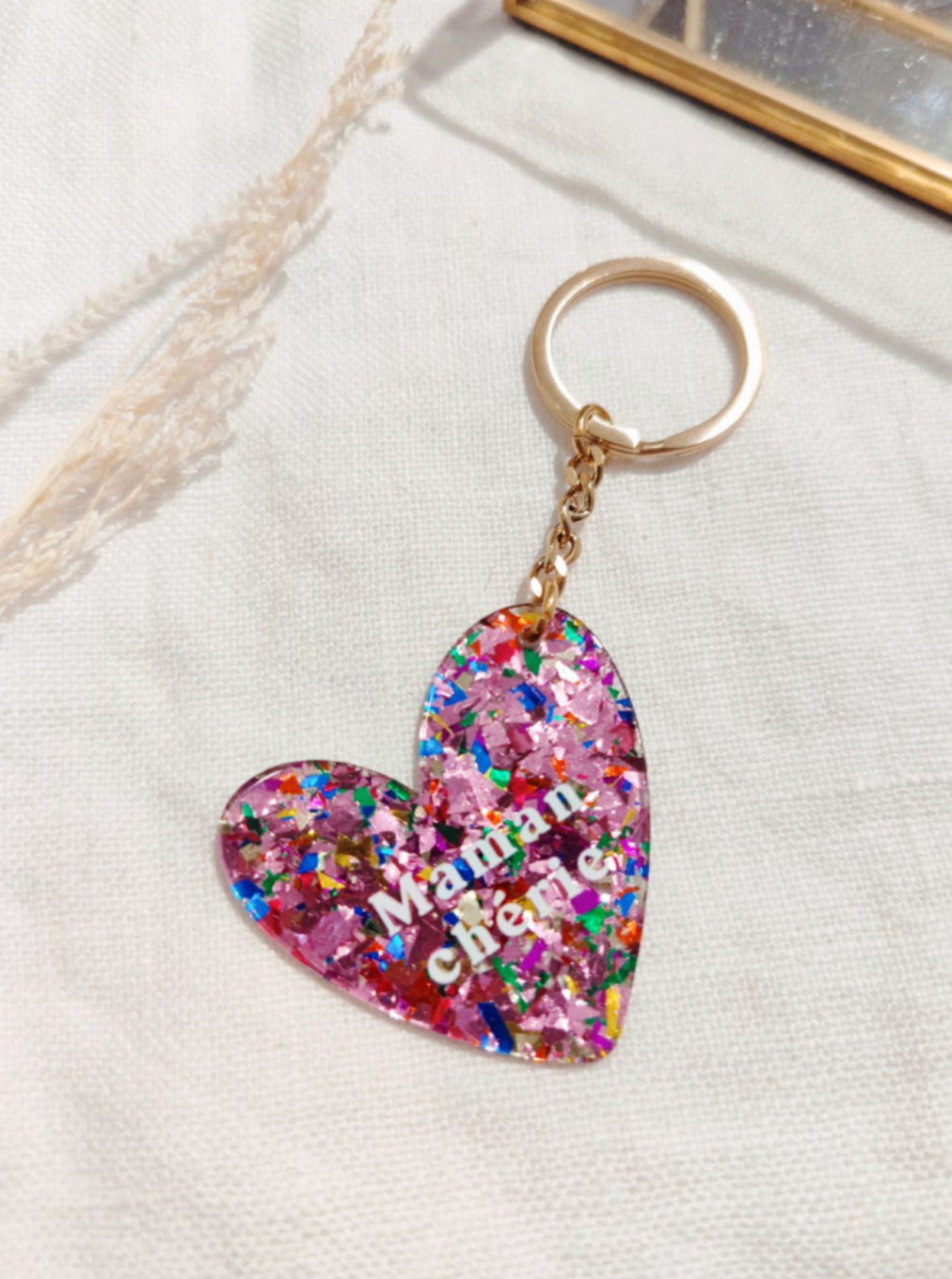 porte clé maman chérie cœur pailleté multicolore idée cadeau fête des mères