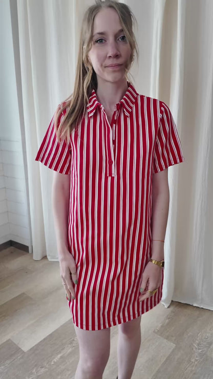 Robe Mia - Robe chemise rayée rouge et blanc manches courtes