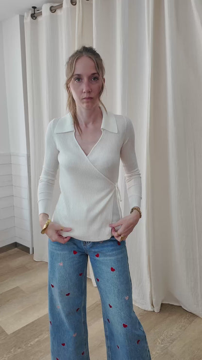 Pull Cheryl - Pull cache-cœur côtelé à col chemise
