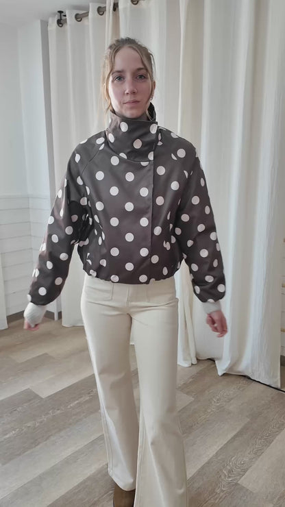 Bomber marron à pois - Veste col montant tissu enduit chic