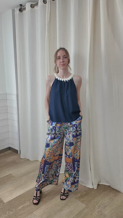 Pantalon Églantine - Pantalon large fluide imprimé azulejos