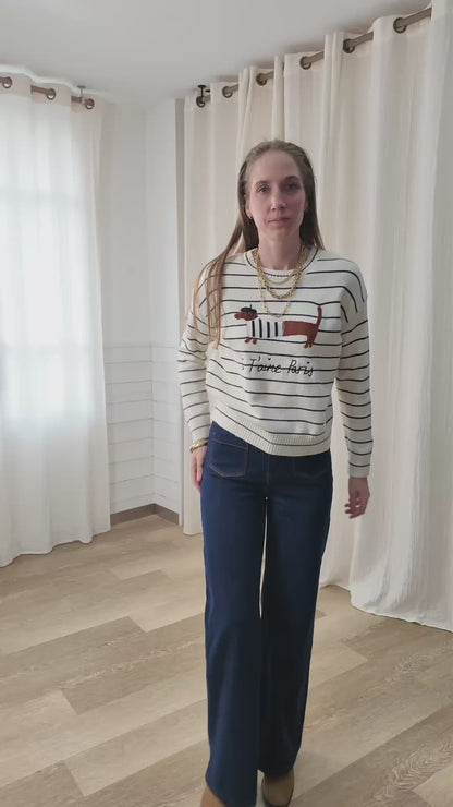 Pull marinière Teckel - Pull rayé écru brodé chien Paris