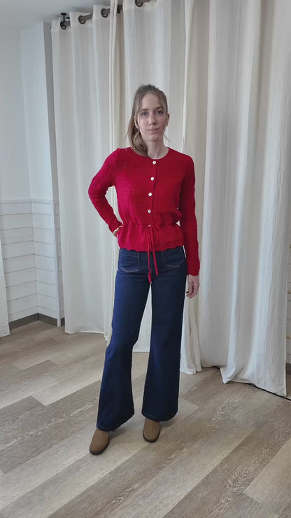 Gilet resserré à la taille - Cardigan rouge maille ajourée