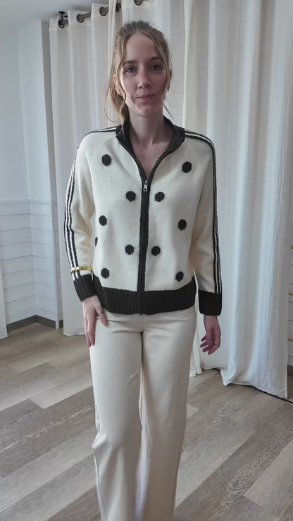 Gilet à pois - Cardigan zippé crème à pois marron style sporty