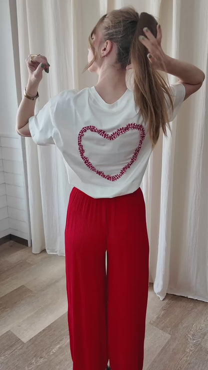 T-shirt coeur vichy - Top blanc dos coeur ruban vichy rouge