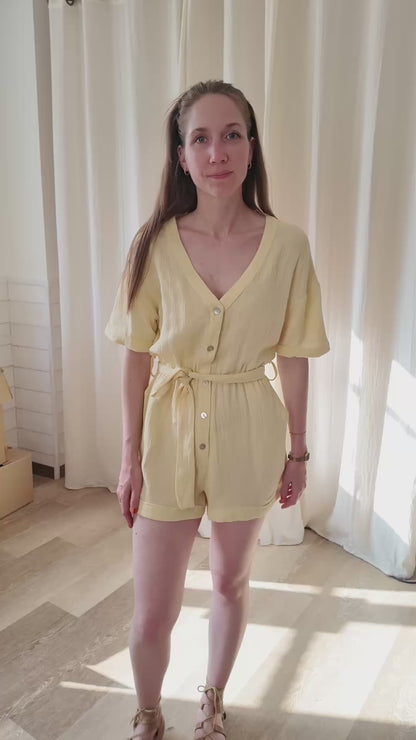 Combishort Cia - Combishort boutonné ceinturé en coton gaufré