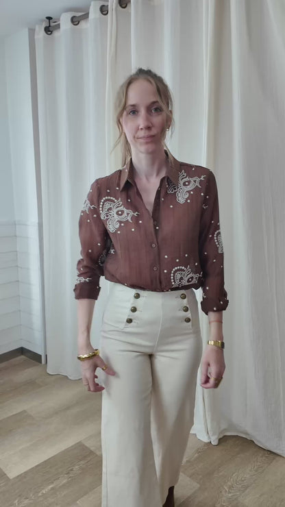 Chemise Kathleen - Blouse marron broderie blanche bohème