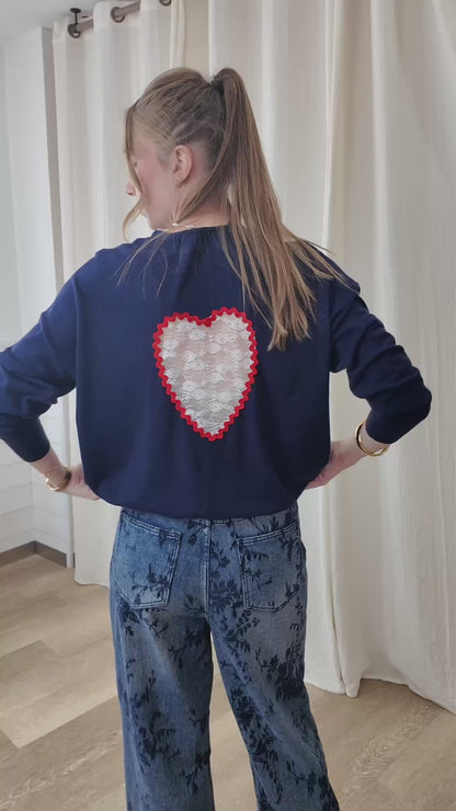Pull Coeur - Pull col V avec dos ajouré dentelle coeur