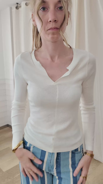 Jean Ellie - Jean large rayé bleu et blanc taille haute