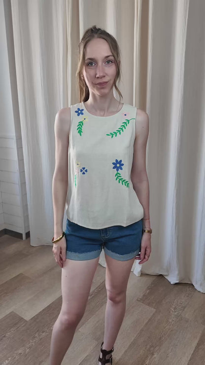 Top Océane - Haut écru sans manches broderie florale
