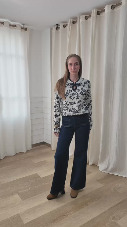 Pull mandarin imprimé floral - Pull jacquard bleu et blanc