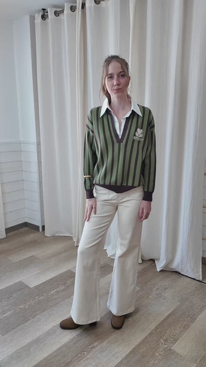 Pull chemise 2 en 1 motif rayures - Style preppy col V brodé