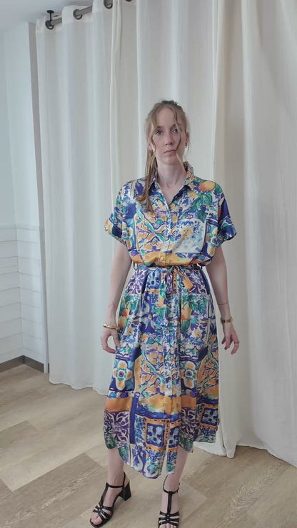 Robe Églantine - Robe chemise midi satinée imprimé azulejos