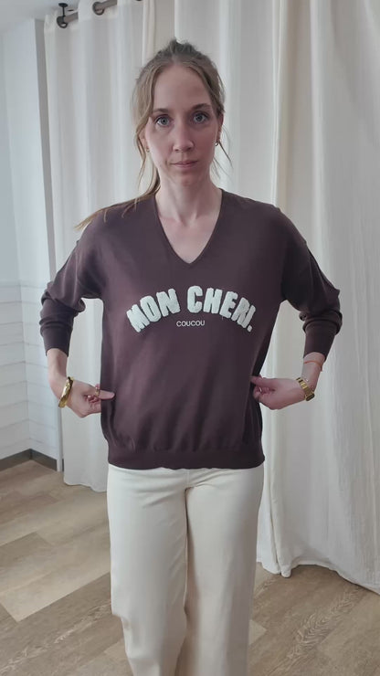Pull Chéri - Pull col V brodé Mon Chéri manches longues