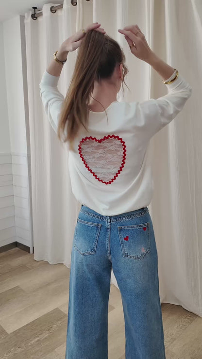 Pull Coeur - Pull col V avec dos ajouré dentelle coeur