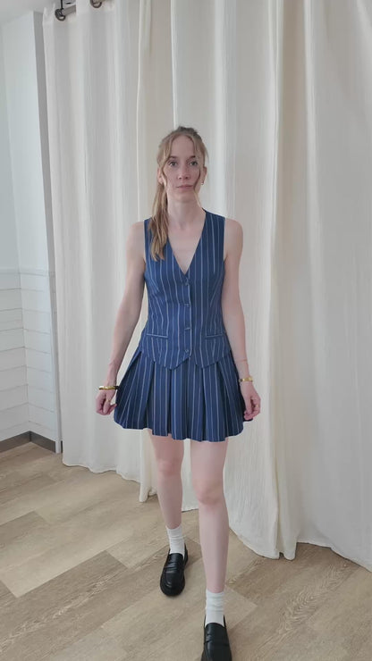 Robe Stormi - Ensemble gilet et jupe plissée rayures bleu marine