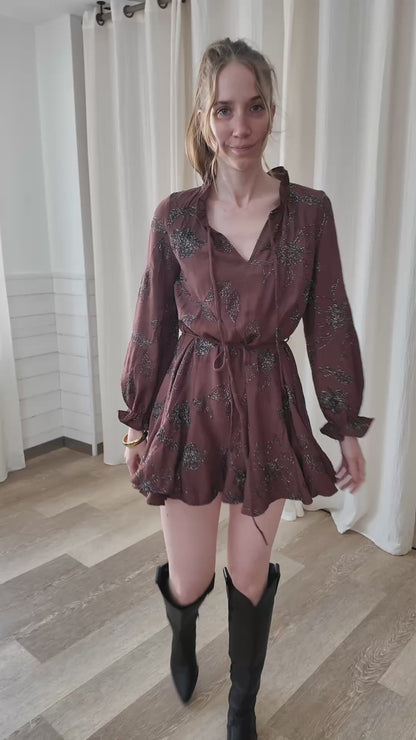 Robe patineuse imprimé floral - Robe marron évasée brodée
