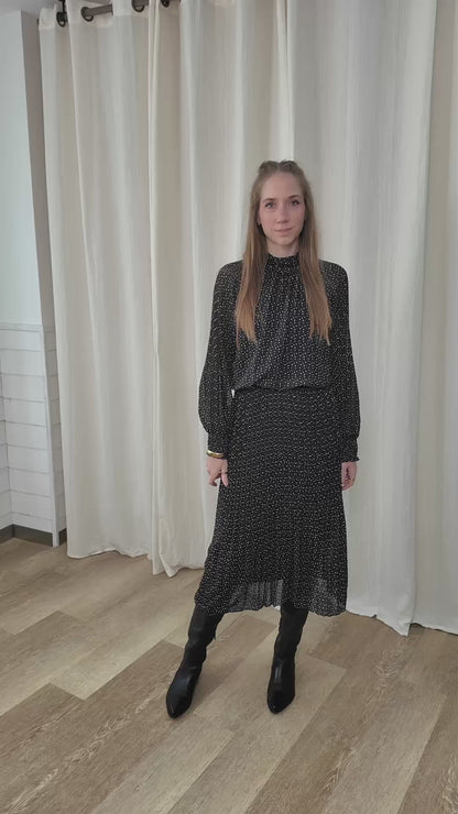 Robe imprimé pois - Robe longue plissée col montant