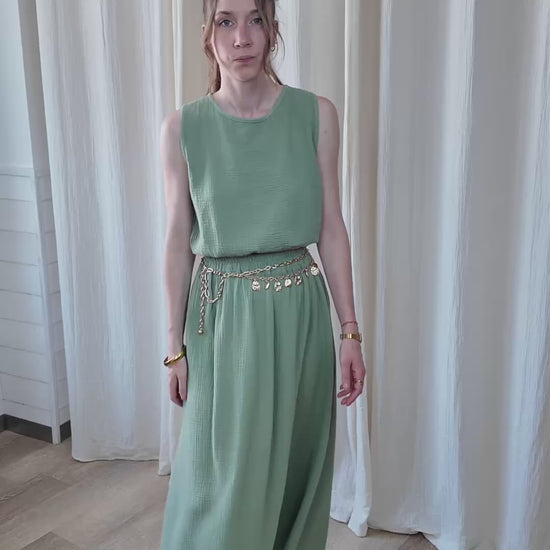 Top et jupe midi en gaze de coton kaki