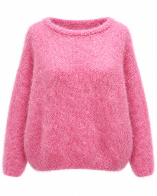 Pull rose en kid mohair doux et moelleux coupe oversize col rond femme hiver