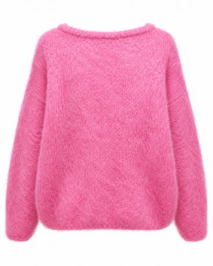 Pull rose vif en kid mohair duveteux coupe oversize col rond femme - Pull Isa maille douce hiver