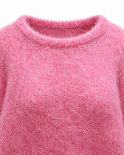Pull rose en kid mohair doux col rond coupe ample femme - maille moelleuse hiver