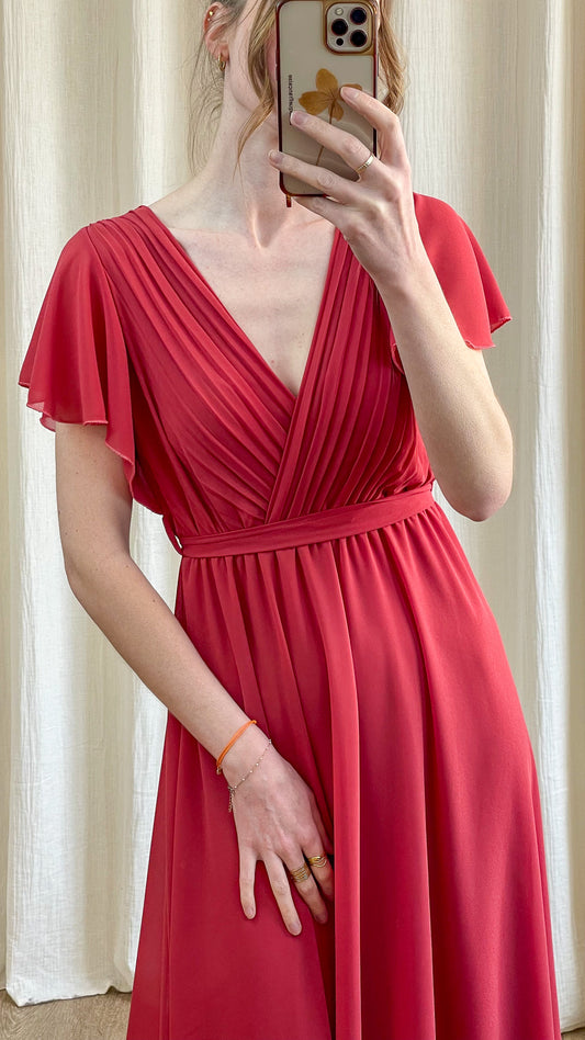 Détail décolleté croisé robe Chloé vieux rose robe longue cérémonie