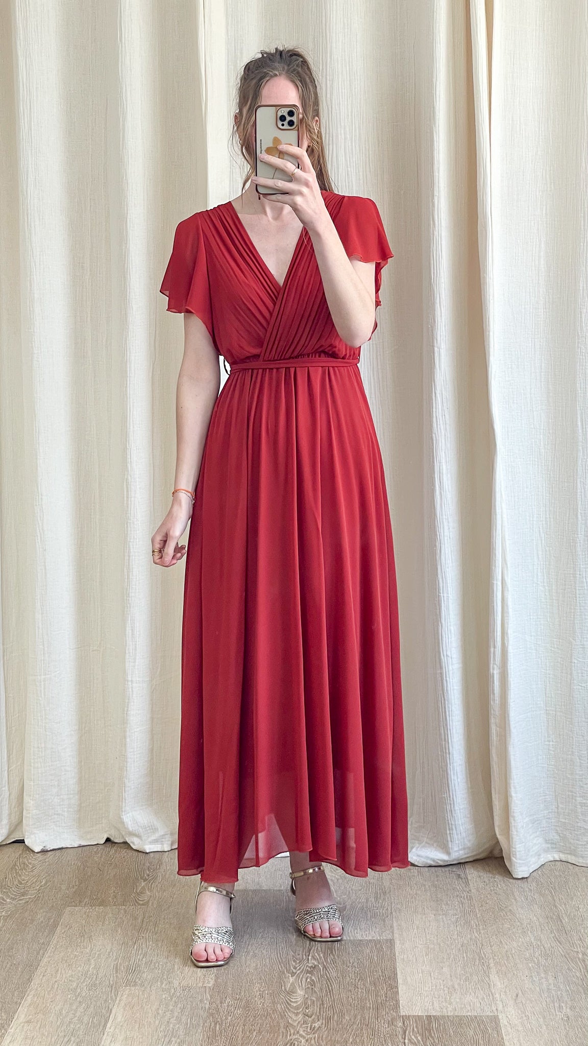Robe Chloé robe longue fluide couleur rouille élégante pour invitée de mariage