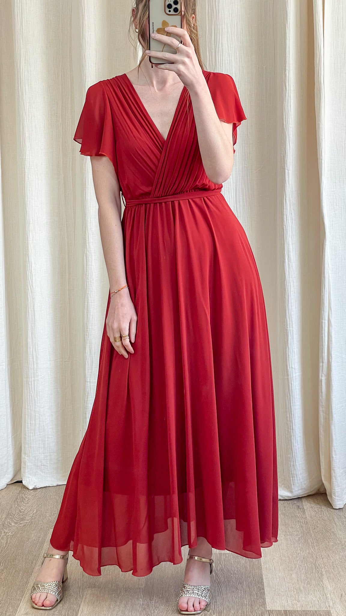 Robe Chloé robe longue fluide rouille avec décolleté croisé plissé