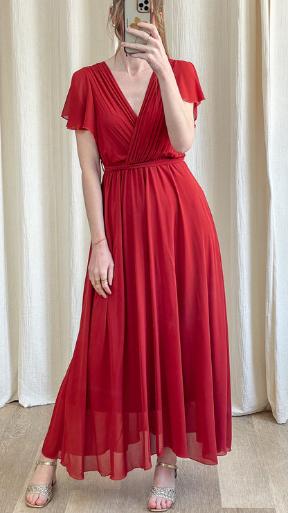 Robe Chloé robe longue fluide rouille avec décolleté croisé plissé