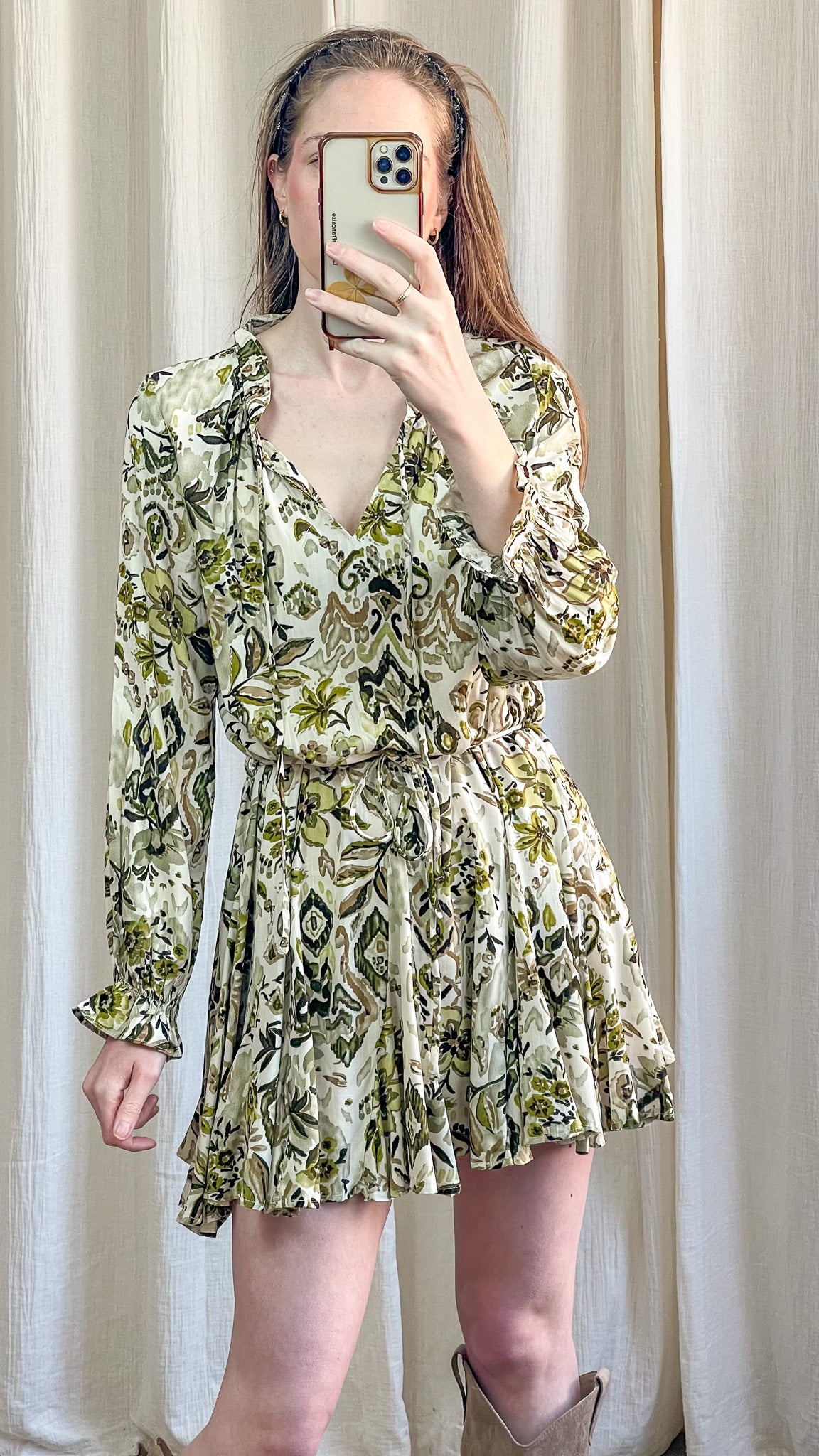Robe fluide imprimé vert manches longues femme coupe féminine