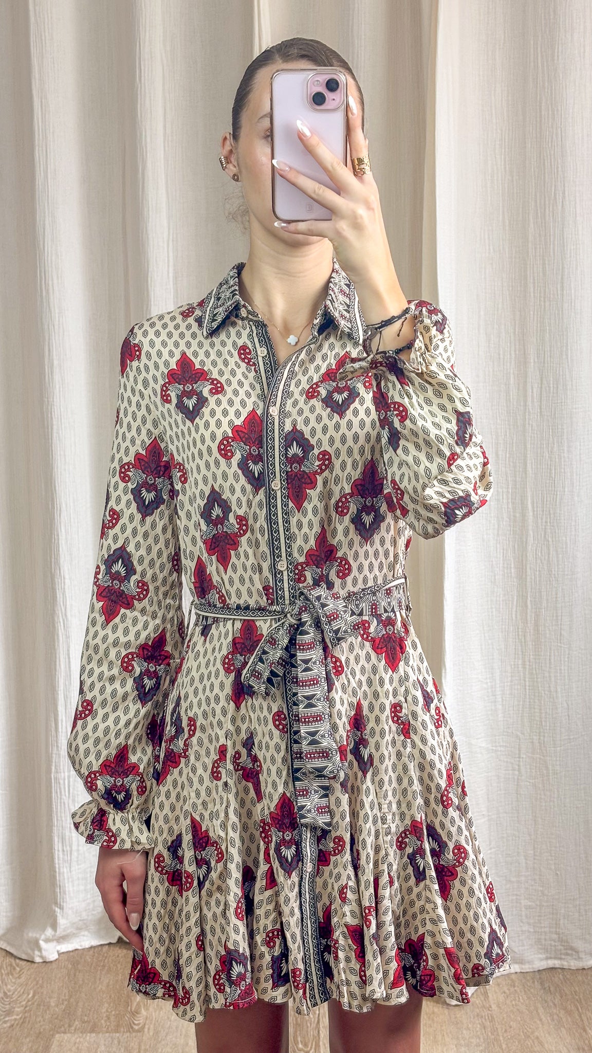 Robe bohème imprimée détail haut col chemise ceinture