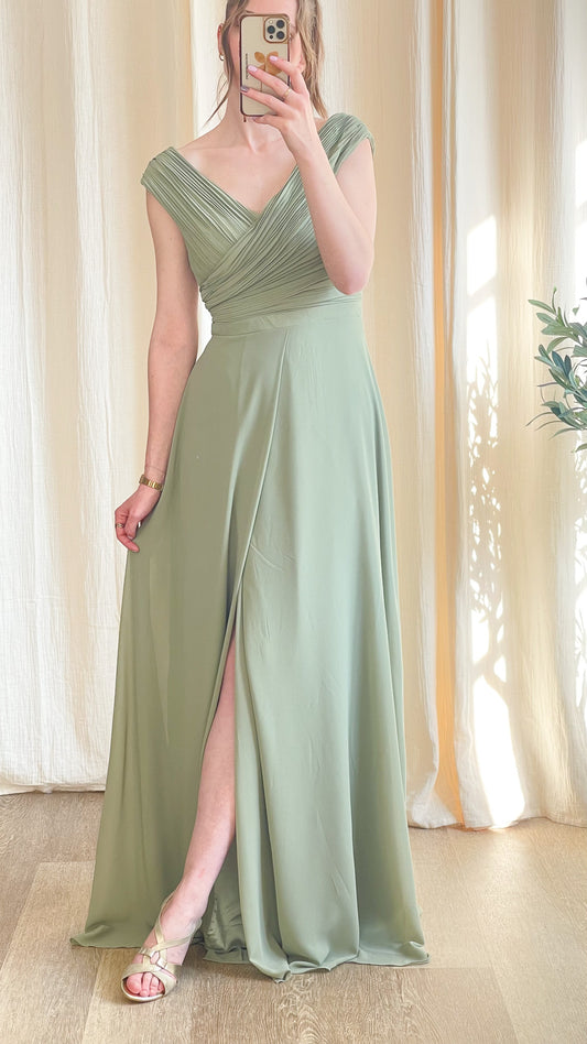 robe longue col V vert sauge élégante