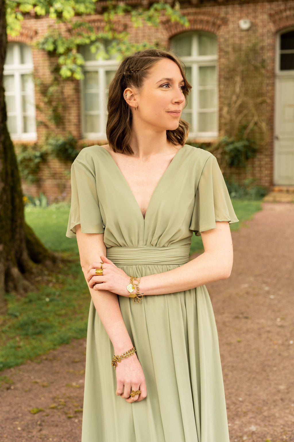 robe demoiselle d’honneur vert sauge manches papillon