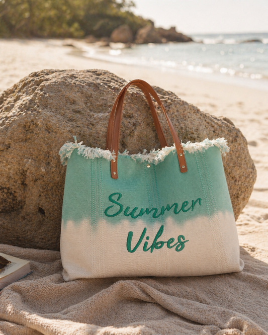 Sac de plage cabas toile tie-dye vert menthe broderie Summer Vibes franges