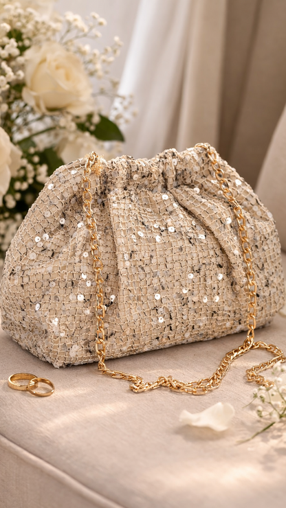Pochette dorée élégante avec sequins et chaîne cérémonie