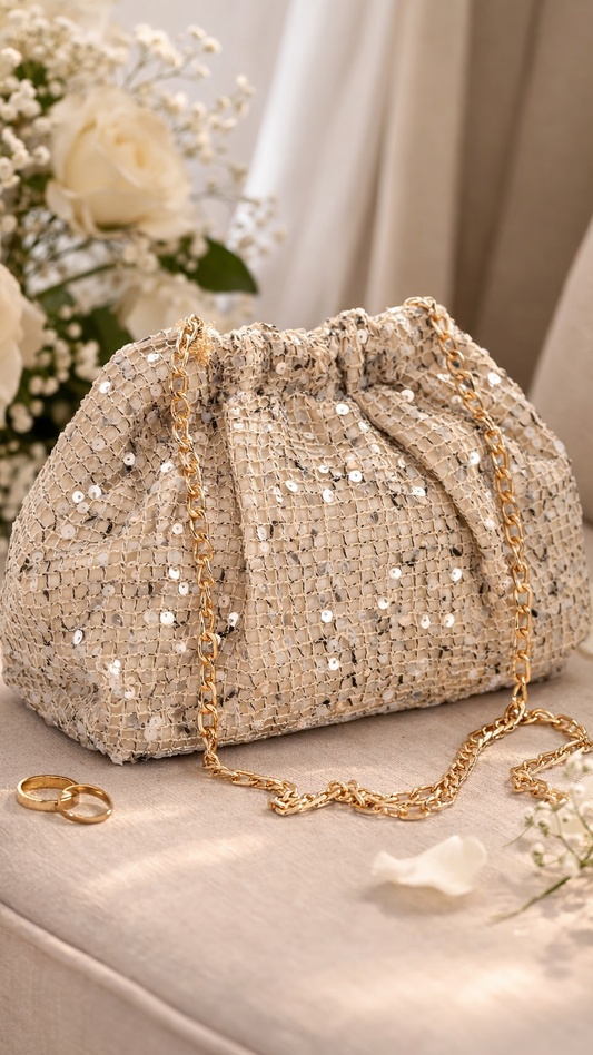 Pochette dorée élégante avec sequins et chaîne cérémonie