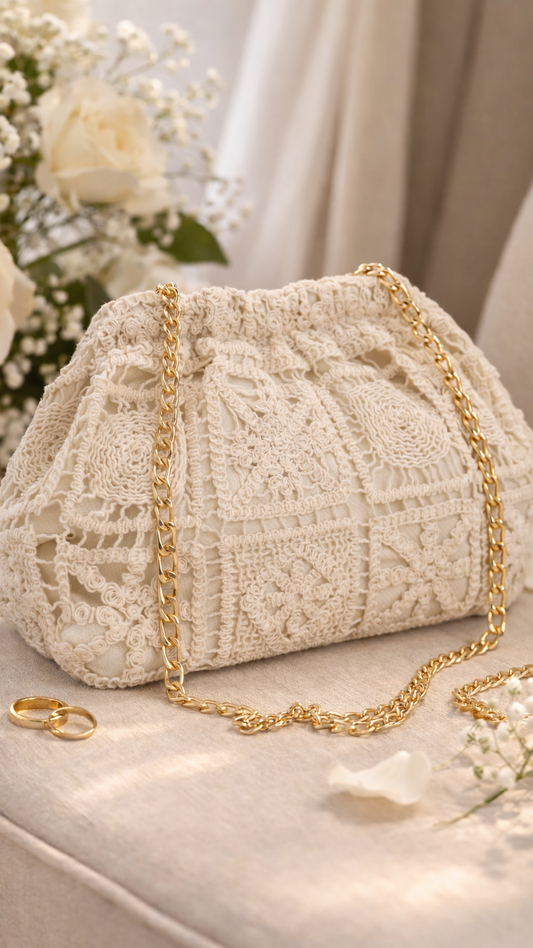 Pochette écrue brodée avec chaîne dorée